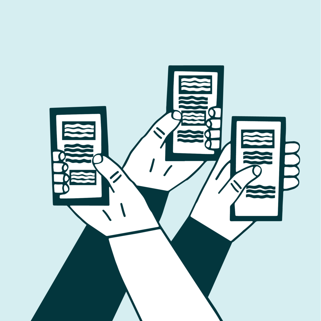 illustration of three hands holding three smartphones