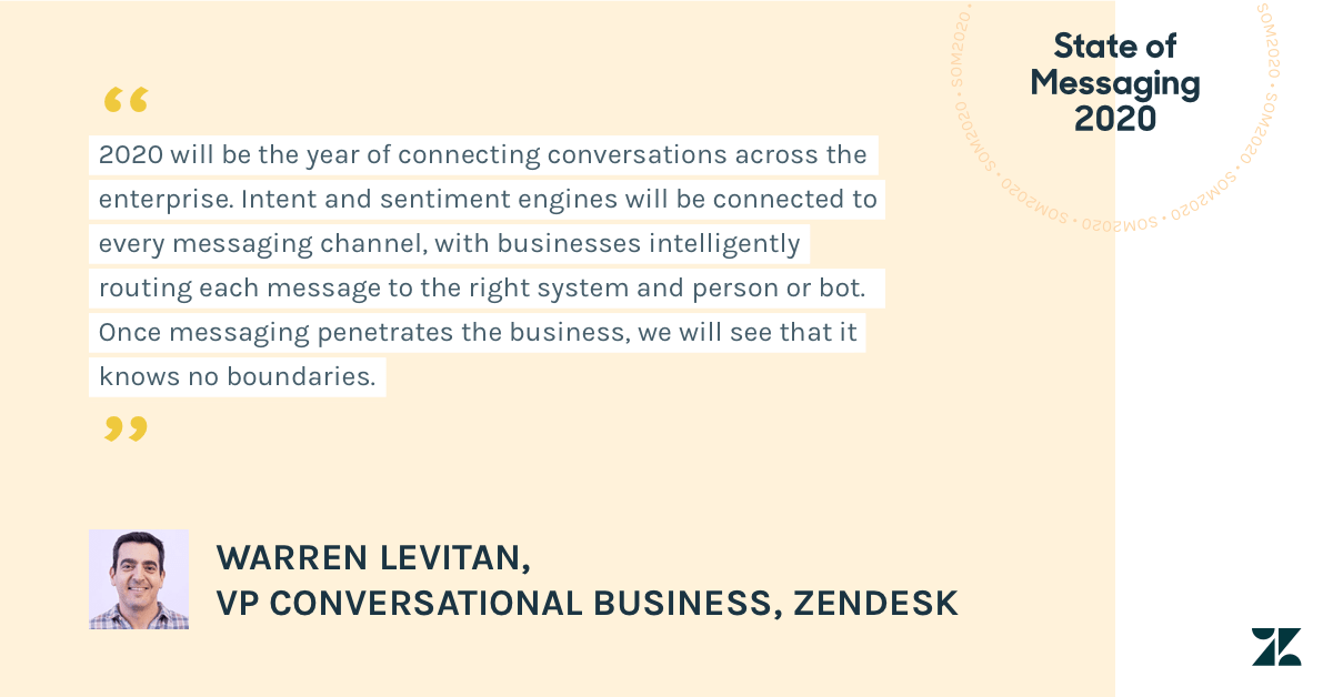 Zendesk 對話業務副總裁 Warren Levitan 表示，2020 年將會是連接整個企業對話網的一年。每個傳訊管道都會與意圖和情緒引擎連線，企業再有智慧地將每則訊息傳送給正確的系統與人員或 Bot。一旦企業各處都使用傳訊，便再也沒有障礙。