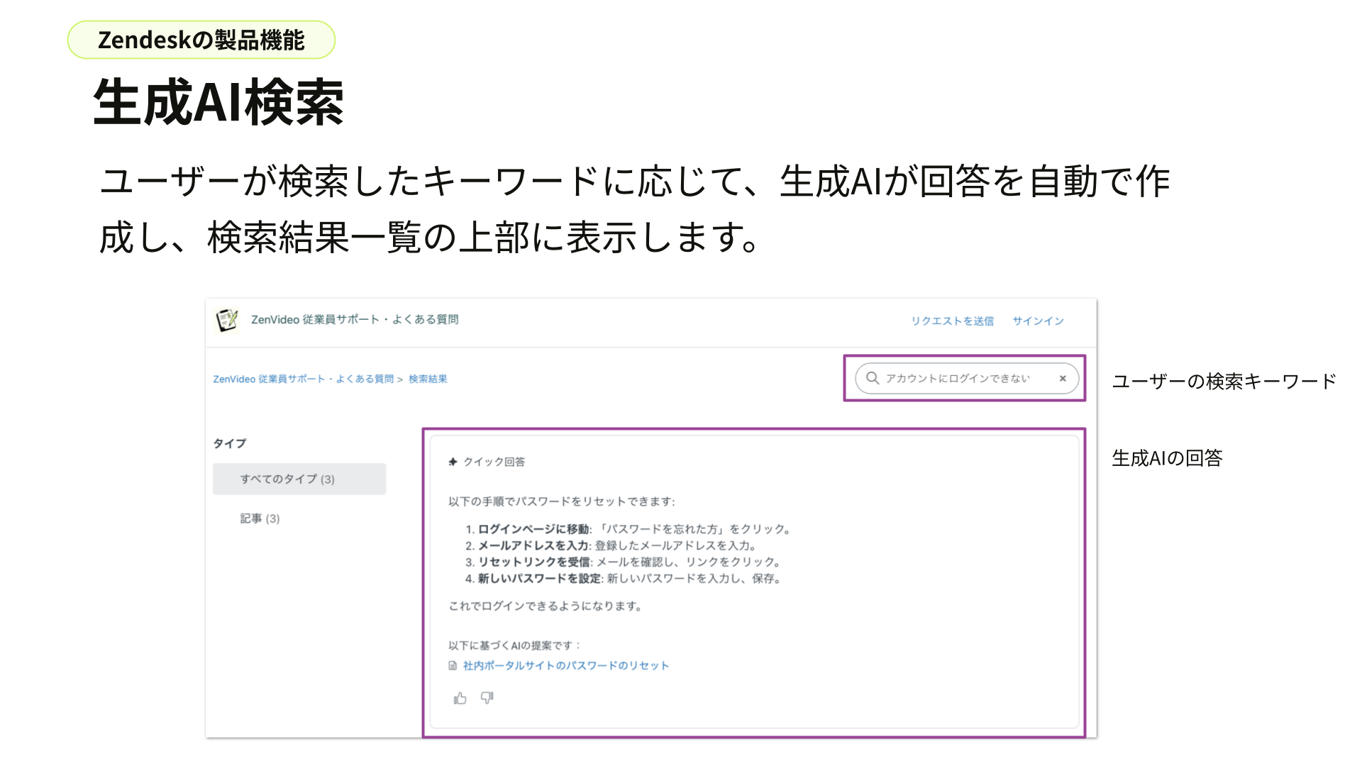 Zendeskの生成AI検索によるクイック回答の表示例