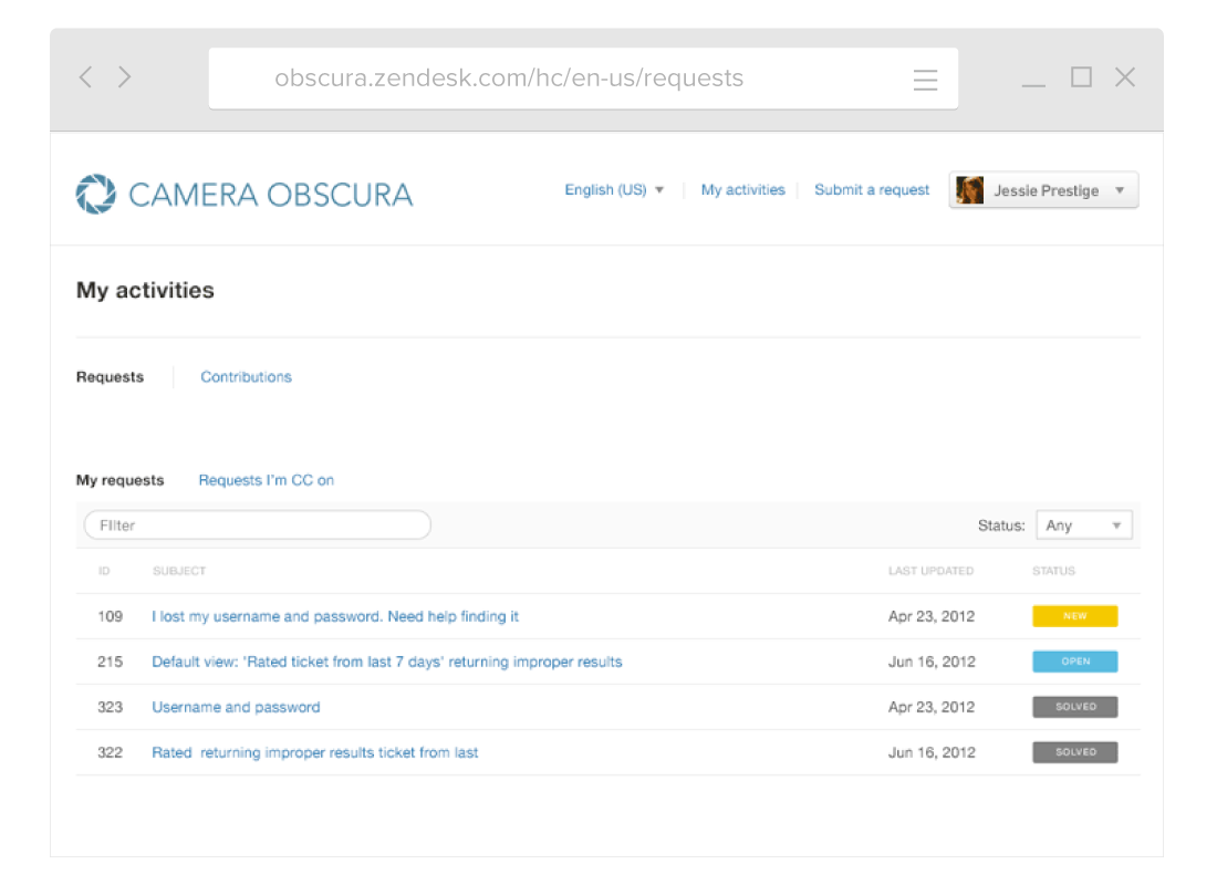 Camera Obscura's community example of Zendesk's user portal.